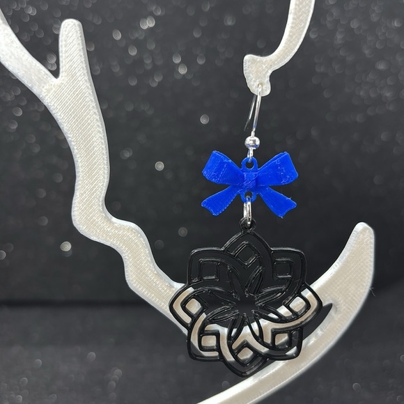 Geometric Black and Blue Bow Dangle Earrings - Picture 4 of 5